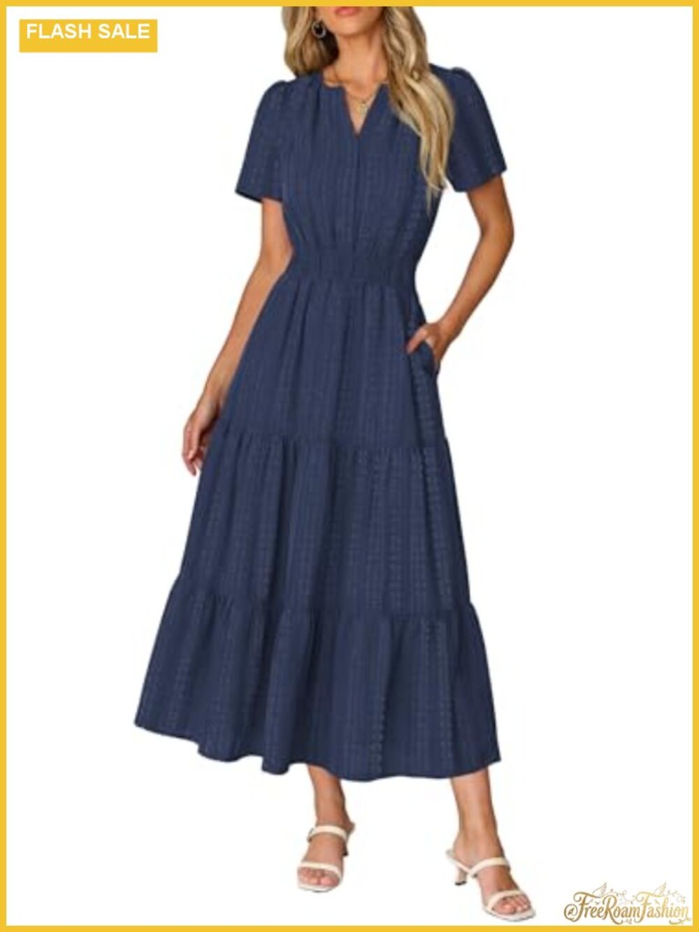 Women's V-Neck Short Sleeve Midi Maxi Dress with Pockets A-Line